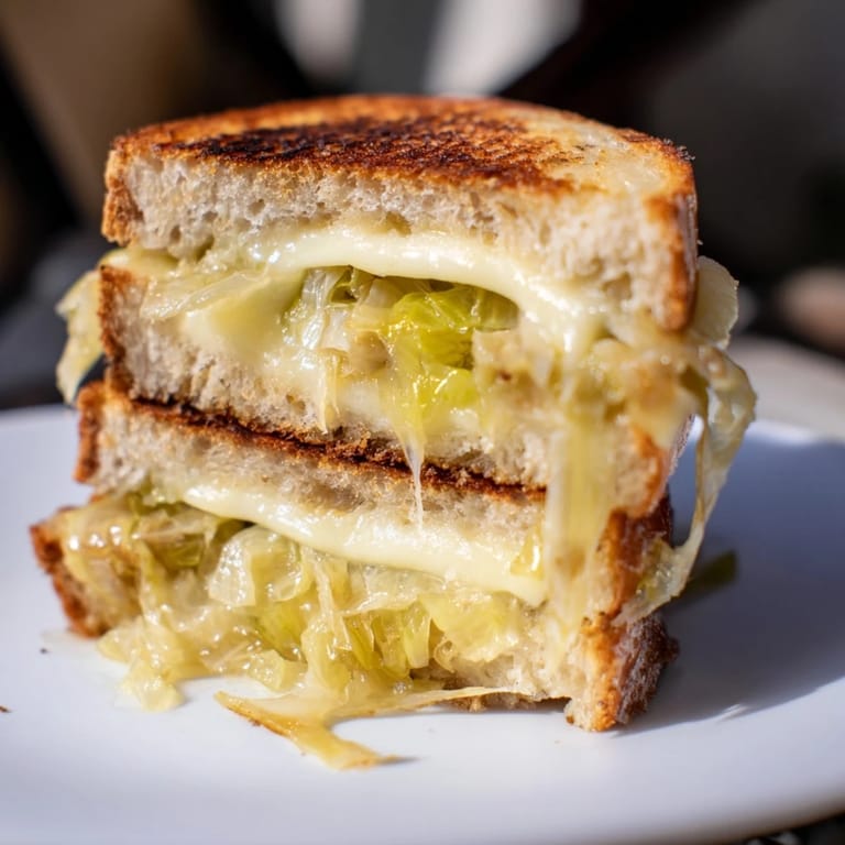 Close-up of a buttery Havarti & Caramelized Leek Grilled Cheese, highlighting caramelized leeks tucked inside warm, crusty bread.