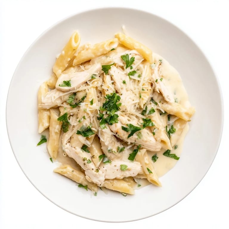 Sliced roasted chicken breast and tender penne tossed in an aromatic oven-roasted garlic cream sauce, ready to serve.