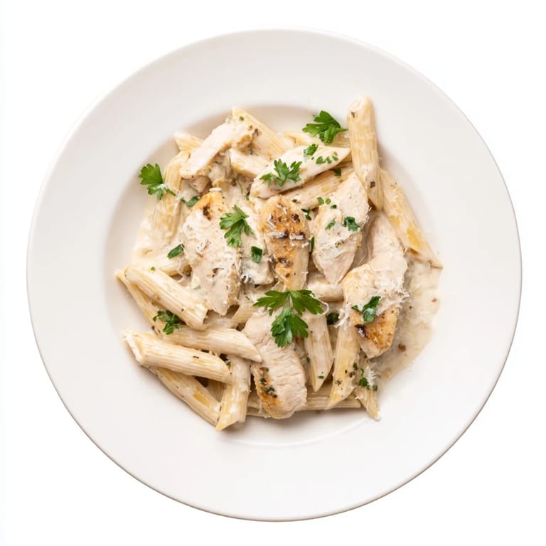 Close-up of Roasted Garlic Chicken Penne featuring juicy chicken, creamy sauce, and grated Parmesan over al dente pasta.