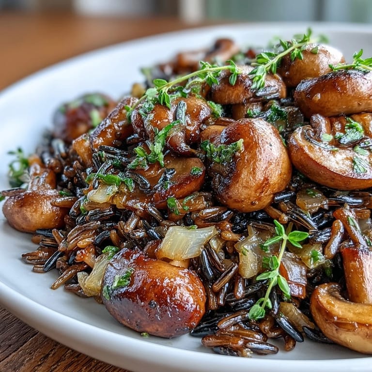 In a warm serving dish, the savory Wild Rice and Mushroom Pilaf is dotted with fresh thyme, diced celery, and cremini mushrooms, ideal for a vegetarian main course.