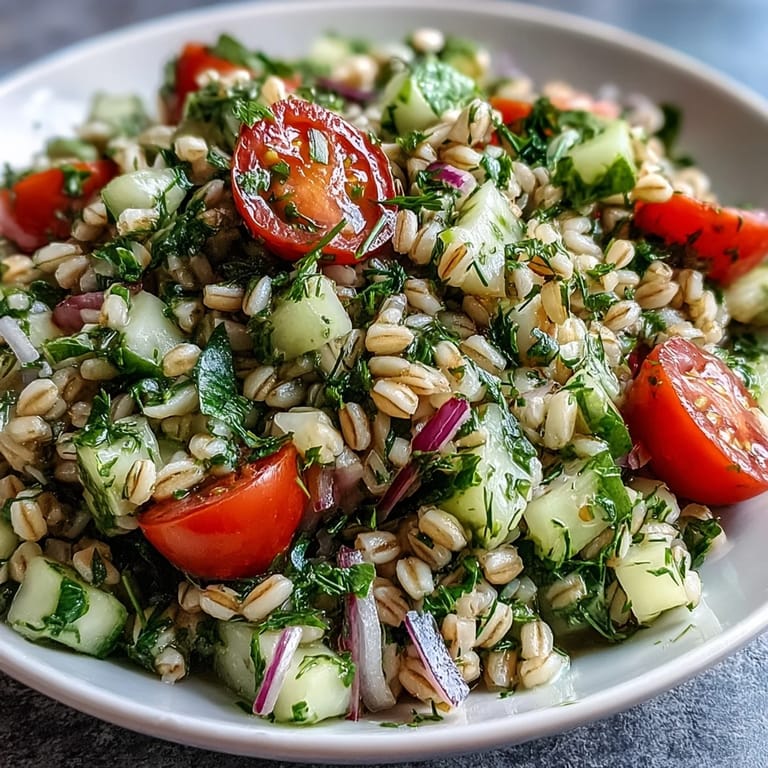 Tossed barley and herb salad in a white bowl, showcasing diced cucumber and red onion in a zesty lemon vinaigrette.