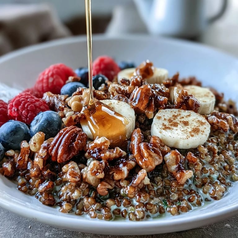 Hearty buckwheat groats breakfast, showing fluffy texture with sweet fruit and nut medley.