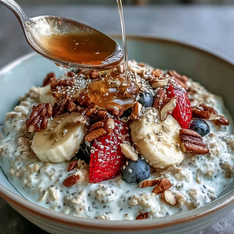 Plated overnight oats with chia seeds, topped with fresh berries and a drizzle.