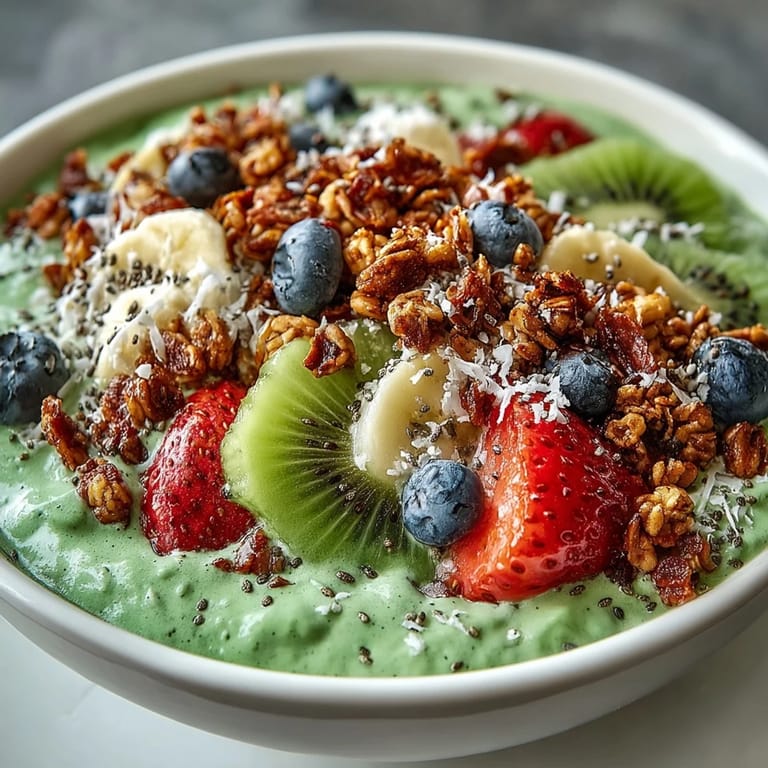 Creamy, healthy green smoothie bowl packed with fruit and perfect for breakfast.
