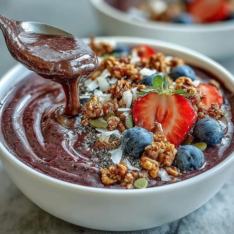 Thick, refreshing acai berry smoothie bowl, perfect for a healthy breakfast.