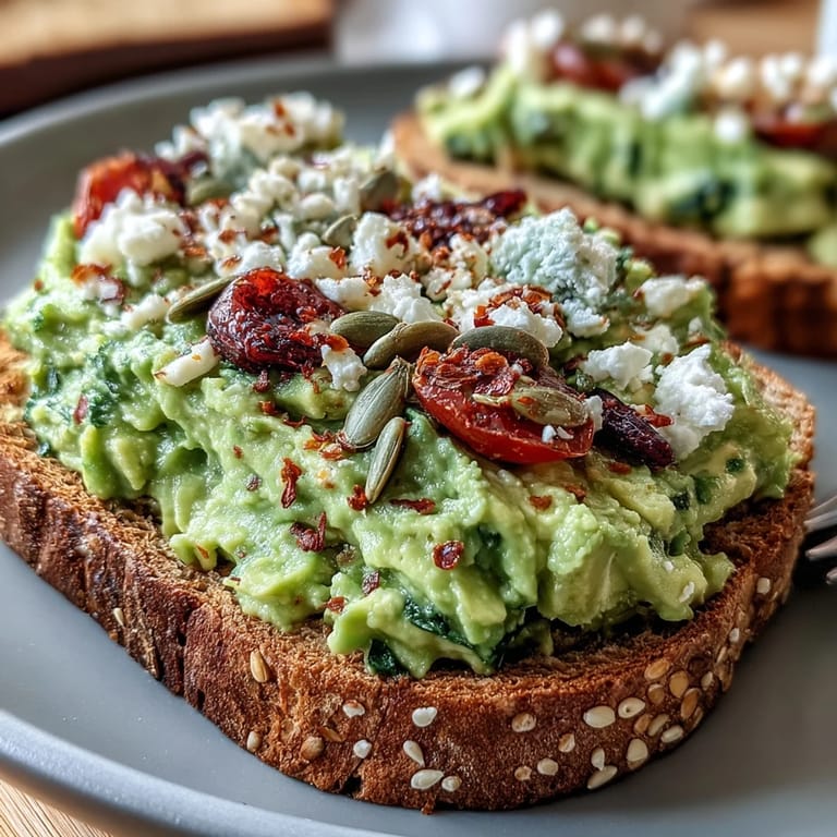 A close-up of vibrant green avocado toast on whole grain bread, garnished with crumbled feta and pepper flakes.