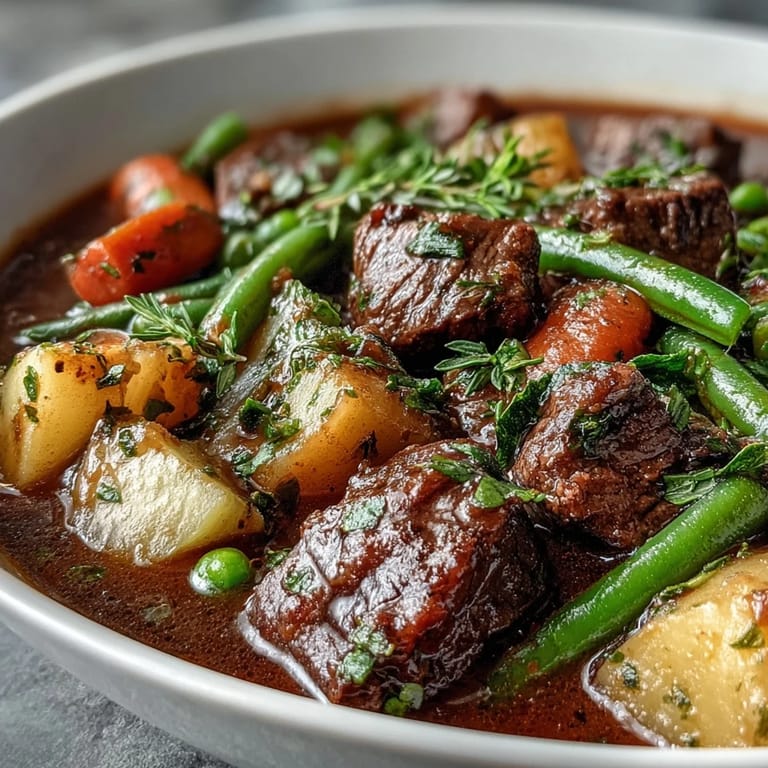 Steaming pot of Beef and Vegetable Soup with diced potatoes, tomatoes, and savory herbs, perfect for winter.