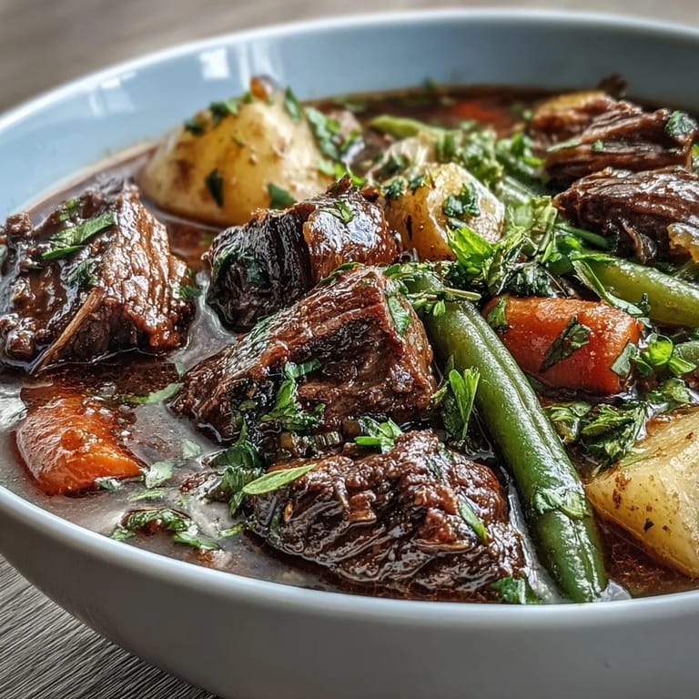 Close-up of Beef and Vegetable Soup featuring tender beef cubes, carrots, and green beans in a rich broth.