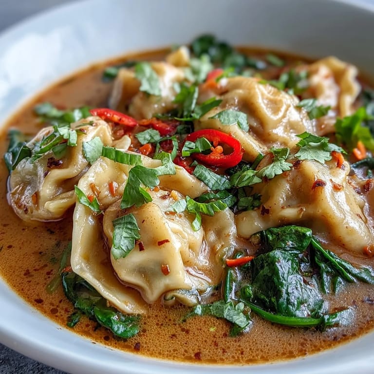 Vibrant Red Curry Wonton Soup With Greens, showing tender bok choy, julienned carrots, and chili slices in coconut curry broth.