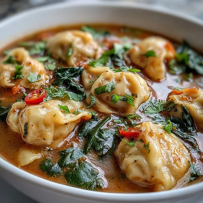 Red Curry Wonton Soup With Greens served hot in a rustic bowl, garnished with fresh cilantro, lime wedges, and green onions. 