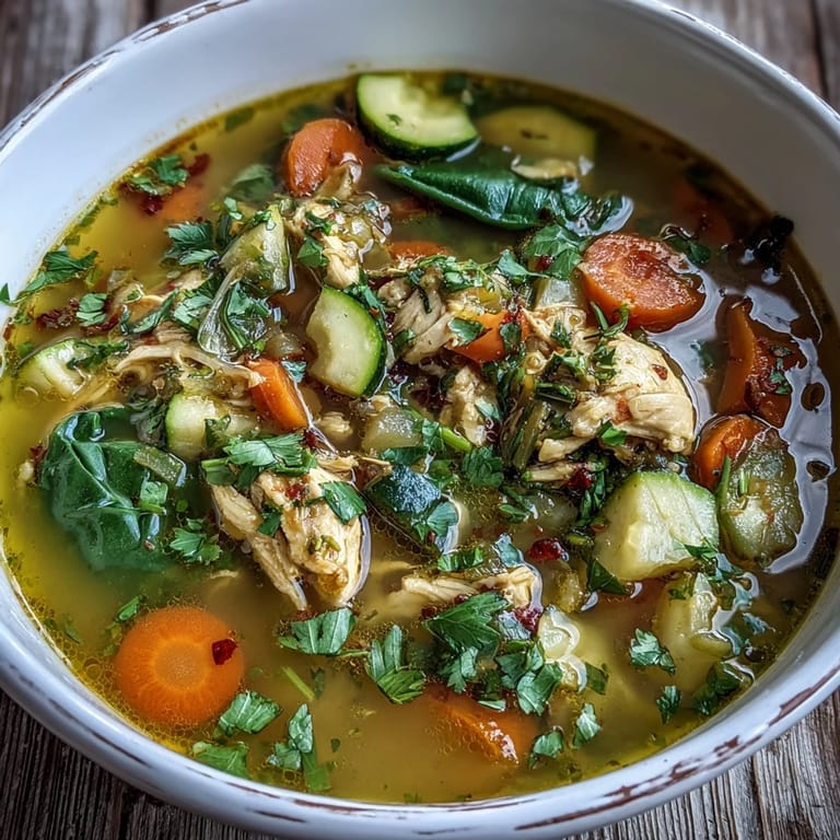 Hearty bowl of Turmeric Chicken Soup garnished with fresh parsley, showcasing tender zucchini and aromatic spices in a nourishing broth.