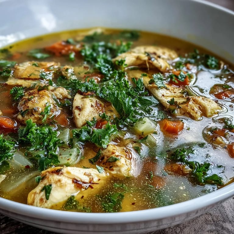 Served with lemon wedges and fresh herbs, High Protein Lemon and Turmeric Chicken Soup in a rustic pot beside a linen napkin.