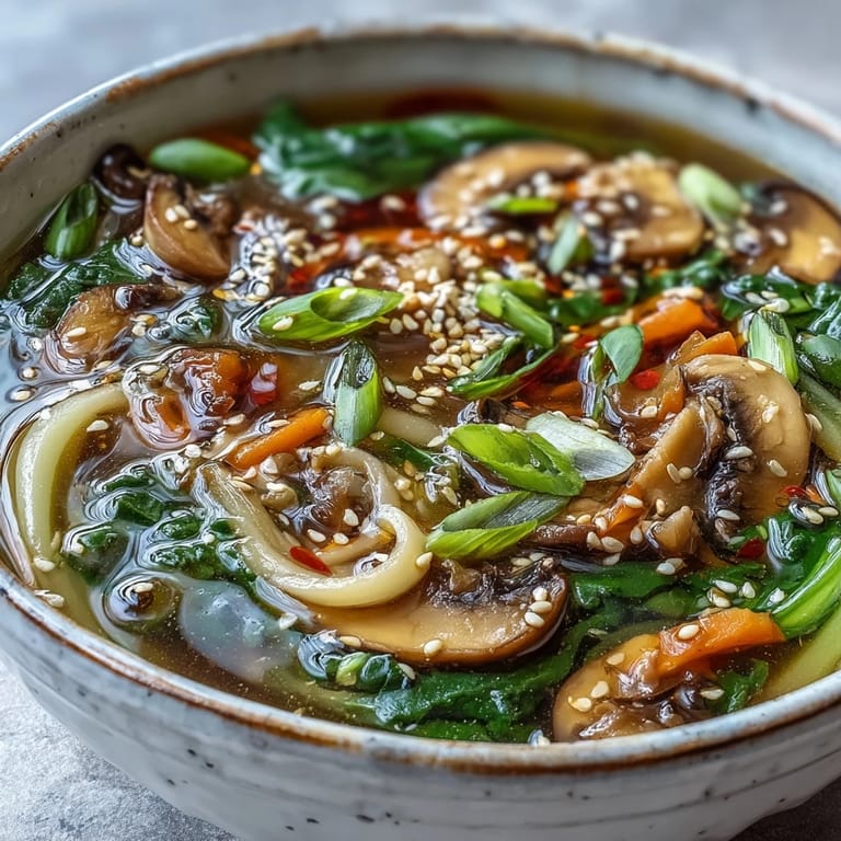 Overhead view of homemade Miso Ginger Winter Soup featuring shiitake mushrooms, carrots, and spinach in a savory broth.
