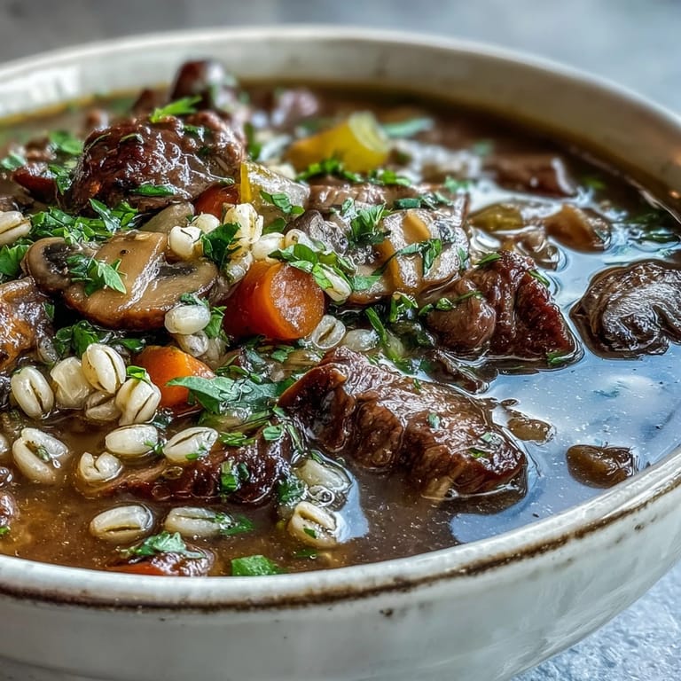 Serving of Vegetable Beef, Barley, and Mushroom Soup garnished with fresh parsley, ready to enjoy with crusty bread on the side.