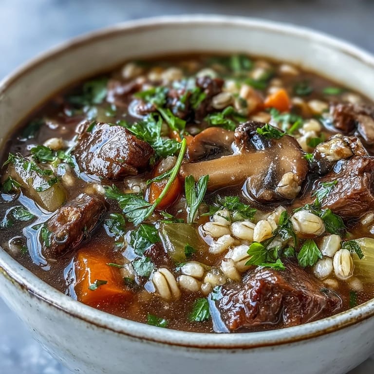 Hearty Vegetable Beef, Barley, and Mushroom Soup simmering in a Dutch oven, blending carrots, celery, potatoes, and tomatoes for a comforting meal.