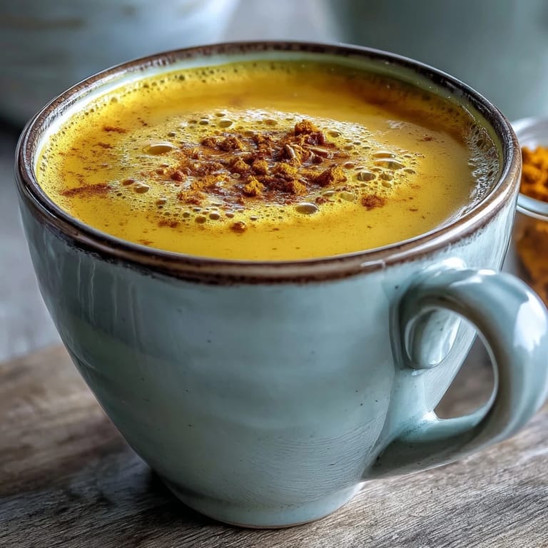 Rich, frothy Turmeric and Ginger Golden Milk served on a rustic table.