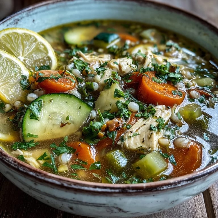 Soothing Turmeric Chicken With Pearl Barley ladled into a white bowl, showing diced carrots, celery, and zucchini.