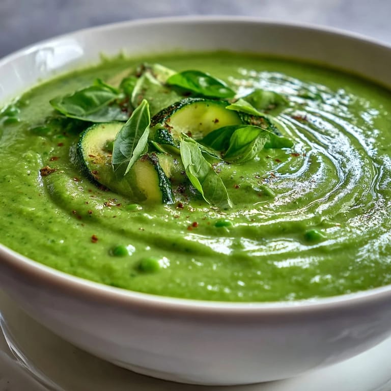 A vibrant green bowl of Courgette, Pea and Pesto Soup, paired with a slice of crusty bread.
