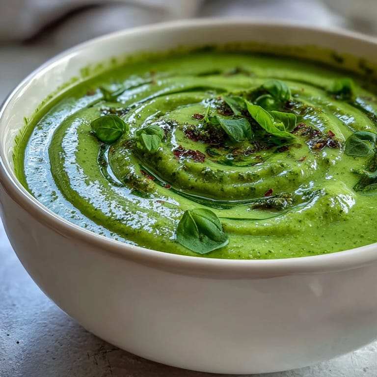 Steaming hot Courgette, Pea and Pesto Soup featuring a swirl of pesto and fresh vegetable ingredients.
