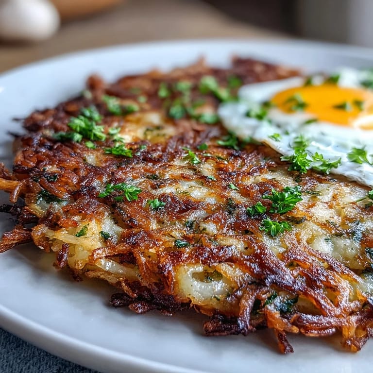 A close-up of a golden celeriac rösti, creamy harissa yogurt, and a sunny-side-up egg on a rustic plate.