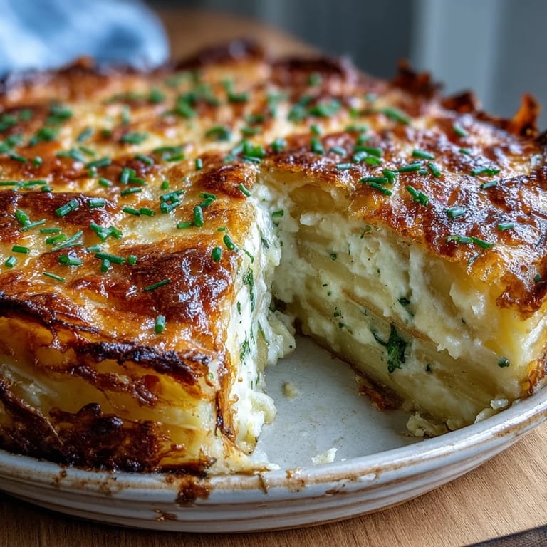 Comforting Cheese and Potato Pie reveals layers of tender potatoes and savory onions inside.