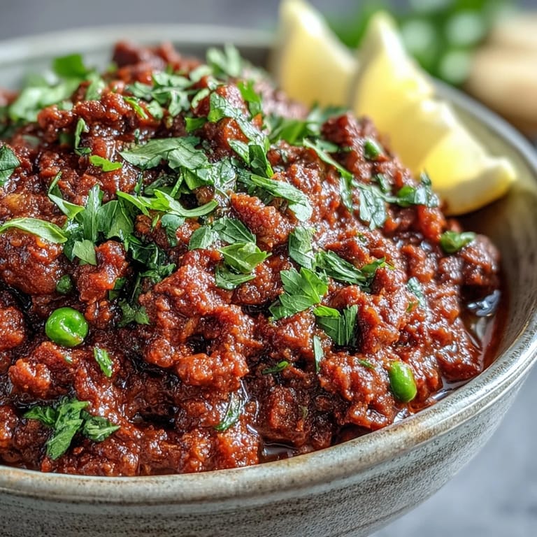 Steaming Venison Keema Curry in a rustic bowl, garnished with bright cilantro and ready to be enjoyed with naan.
