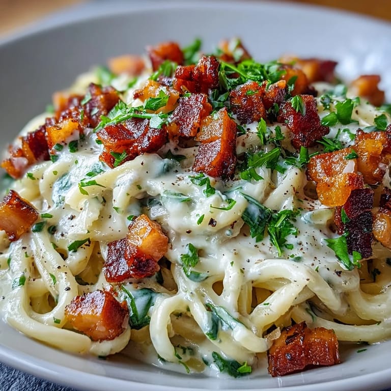 Golden pancetta crisps and rich, creamy carbonara sauce coat tender celeriac noodles in a skillet, ready to serve as a gluten-free main dish.