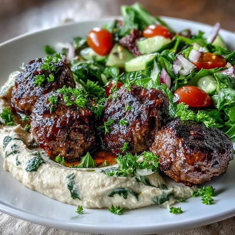 A platter of tender venison meatballs, vibrant cucumber-tomato salad, and smooth hummus, ready to serve with fresh parsley.