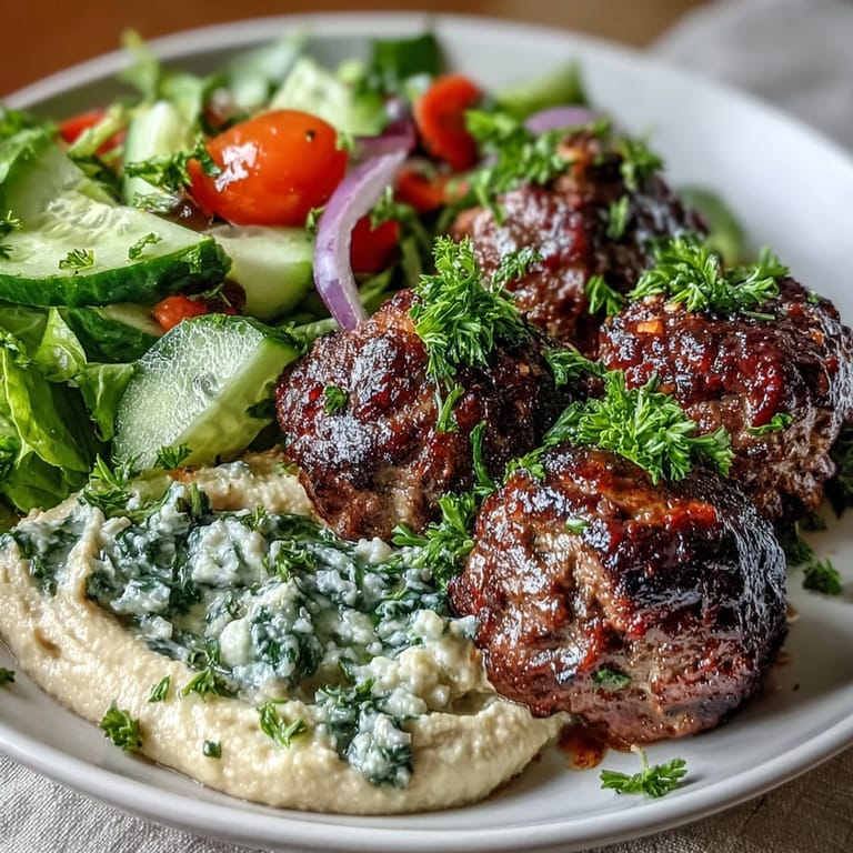 Savory venison meatballs seasoned with cumin and paprika, served over hummus and fresh salad for a Mediterranean-inspired dinner.