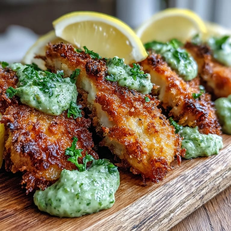 Crisp Panko and Parmesan-crusted Haddock Goujons With Pea Pesto are served on a white plate with salad and lemon.