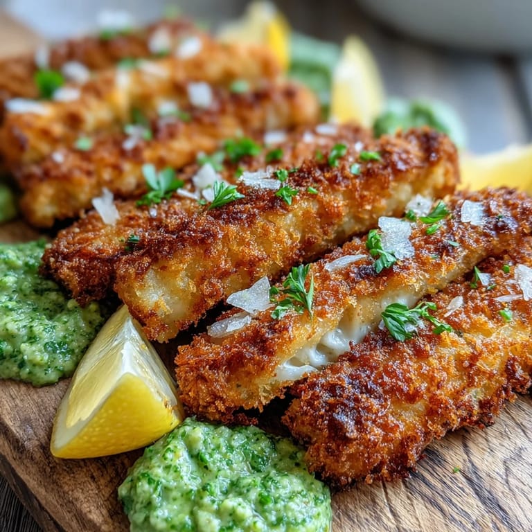 Close-up of Haddock Goujons With Parmesan Crust and Pea Pesto revealing golden breading and creamy green pea pesto dip.