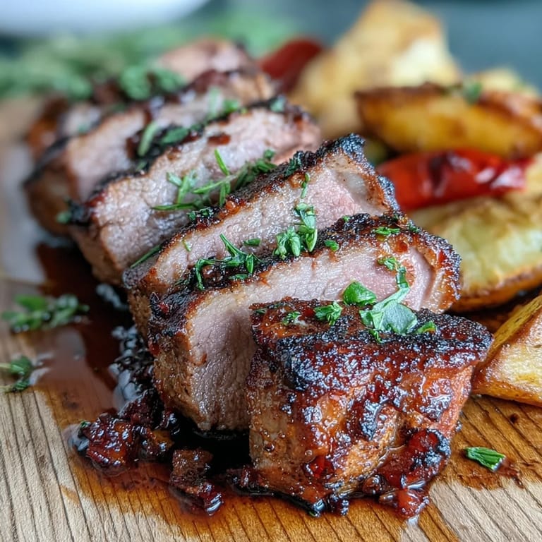 Freshly roasted Marinated Ibérico Pork Fillet rests beside crispy potatoes and sweet peppers, steam rising from the colorful, rustic dinner platter.