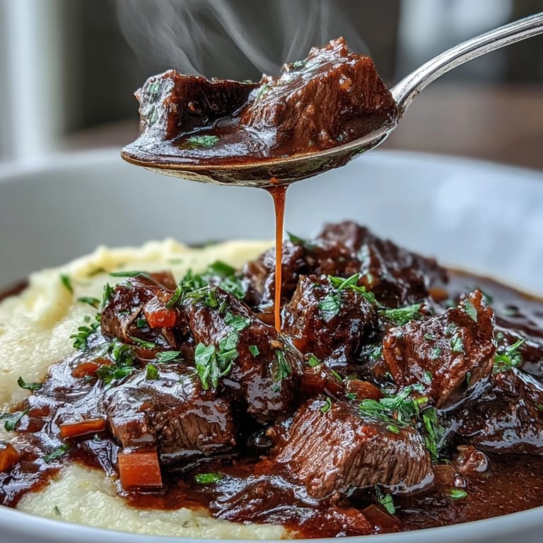 Fork-tender venison in Venison Stew with Sloe Gin, simmered with aromatics and served alongside warm, buttery polenta.