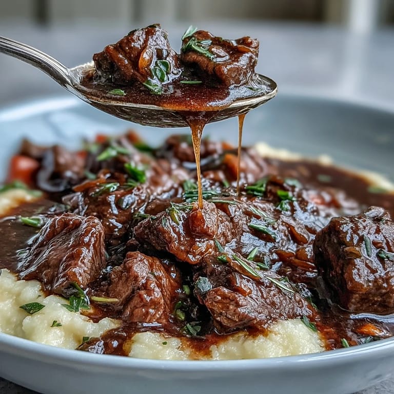 An aromatic bowl of Venison Stew with Sloe Gin over soft polenta, garnished with fresh thyme for a rustic presentation.
