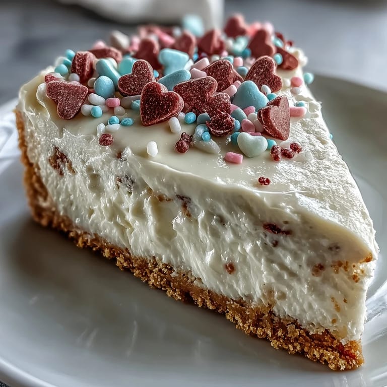 A whole Candy Hearts Fake Cake with whipped frosting, candy hearts, and rainbow sprinkles served on a white cake stand.