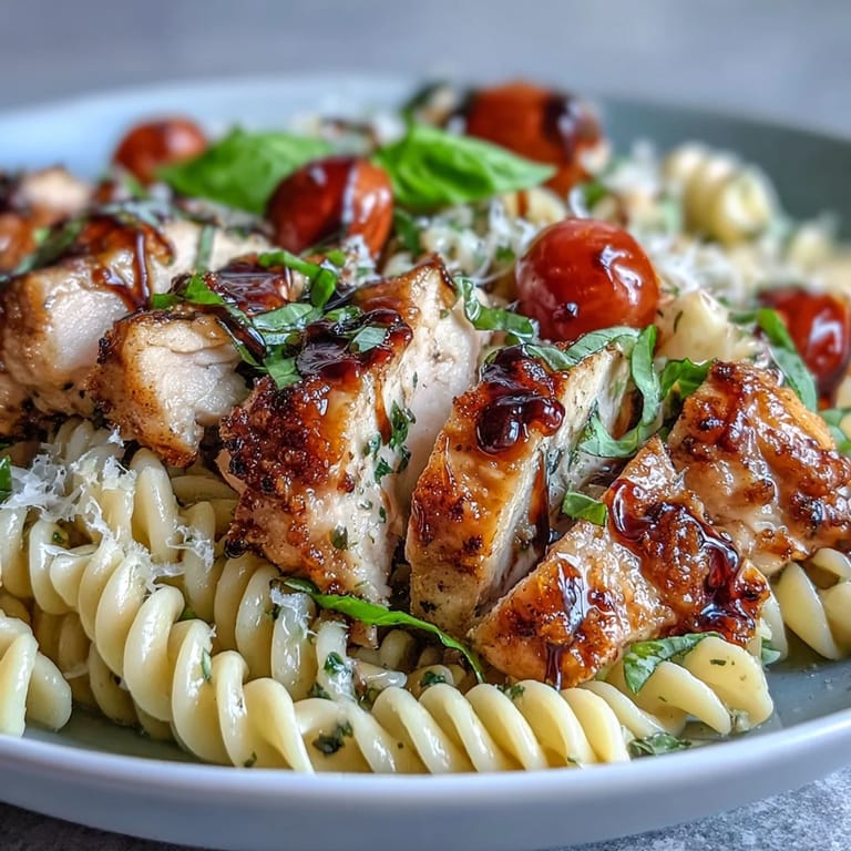 Close-up of juicy Bruschetta Chicken Pasta, featuring tender chicken, melted mozzarella, and a rich tomato-basil sauce.