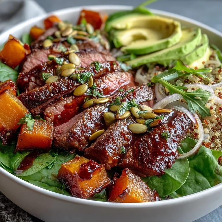 Golden roasted butternut squash steak bowls feature tender squash, crisp greens, and toasted pepitas for a hearty, nutritious weeknight dinner.