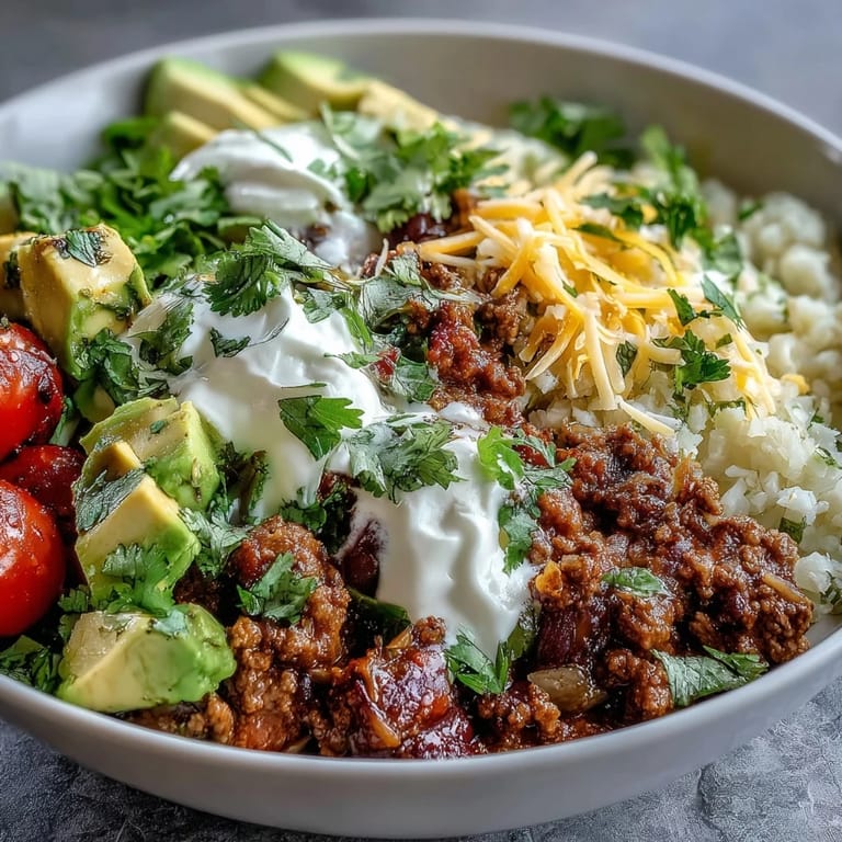 A Low Carb Burrito Bowl features seasoned ground beef, cauliflower rice, and cheddar cheese, ready for a squeeze of fresh lime.