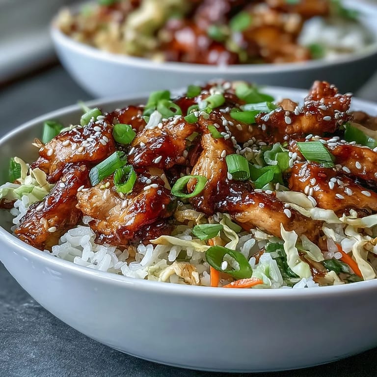 Steaming bowl of Egg Roll Bowls with Chicken and Cabbage garnished with green onions and sesame seeds, served alongside chopsticks for a complete weeknight meal.