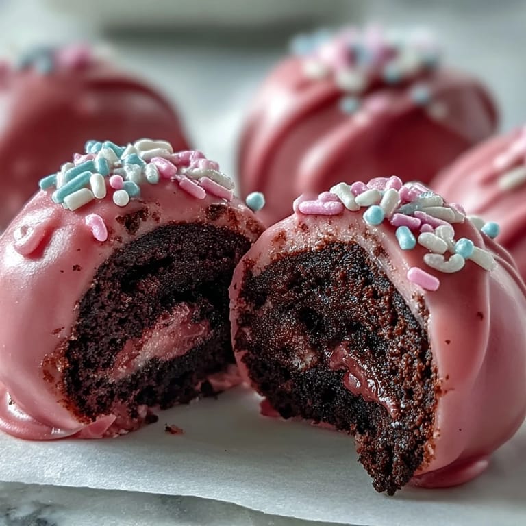 A close-up view of a broken Oreo Truffle Ball reveals its creamy Oreo and cream cheese center beneath the pink coating.