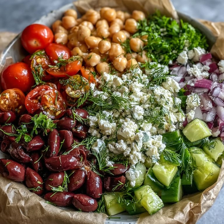 Colorful Greek Bean Salad tossed with briny Kalamata olives, fresh herbs, and a zesty lemon-oregano vinaigrette.