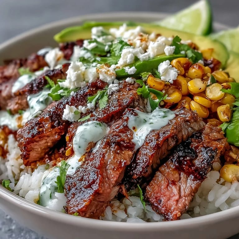 A close-up of the Steak, Avocado, and Roasted Corn Bowl shows sliced beef, bright cherry tomatoes, and a drizzle of zesty cilantro cream sauce.