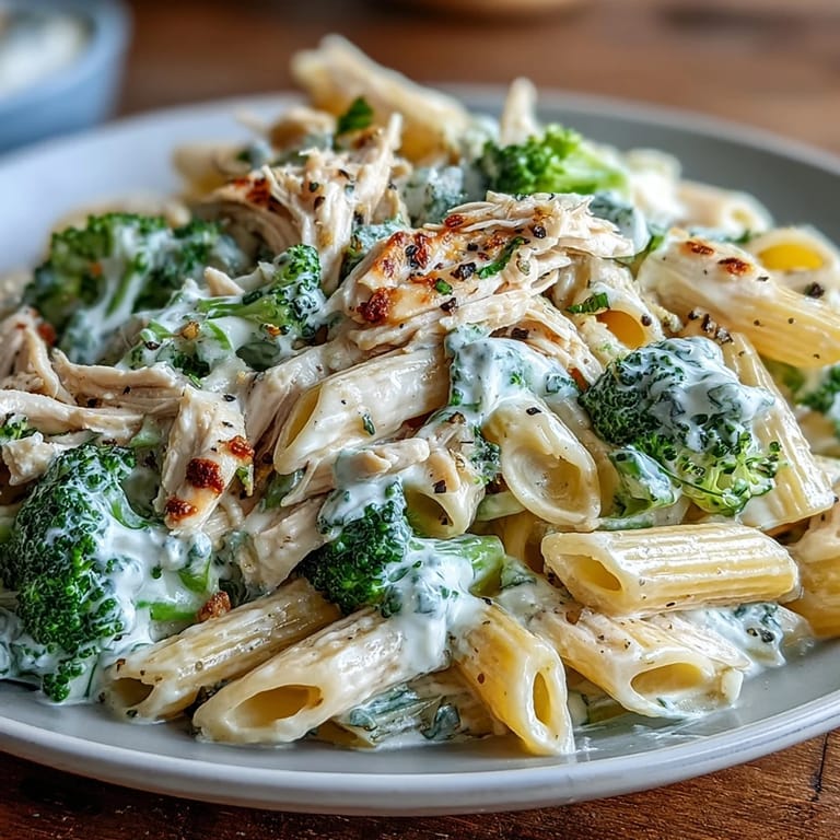 A hearty bowl of High Protein Rotisserie Chicken Broccoli Pasta topped with fresh parsley and lemon zest.