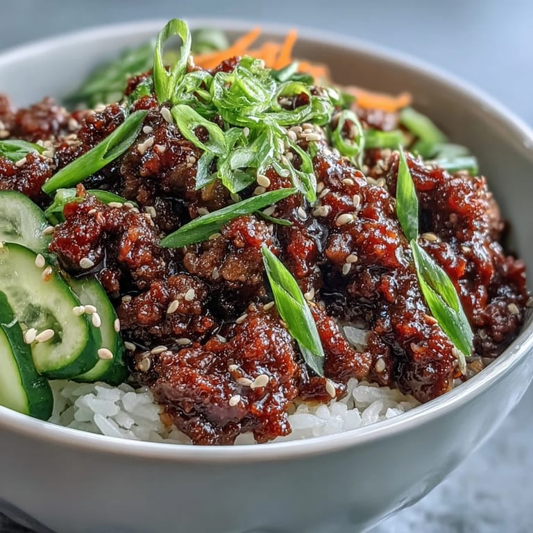 Tasty bowl of Easy Korean Beef Bowl featuring savory beef in a rich red sauce, garnished with fresh green onions and sesame, on a bed of fluffy white rice.