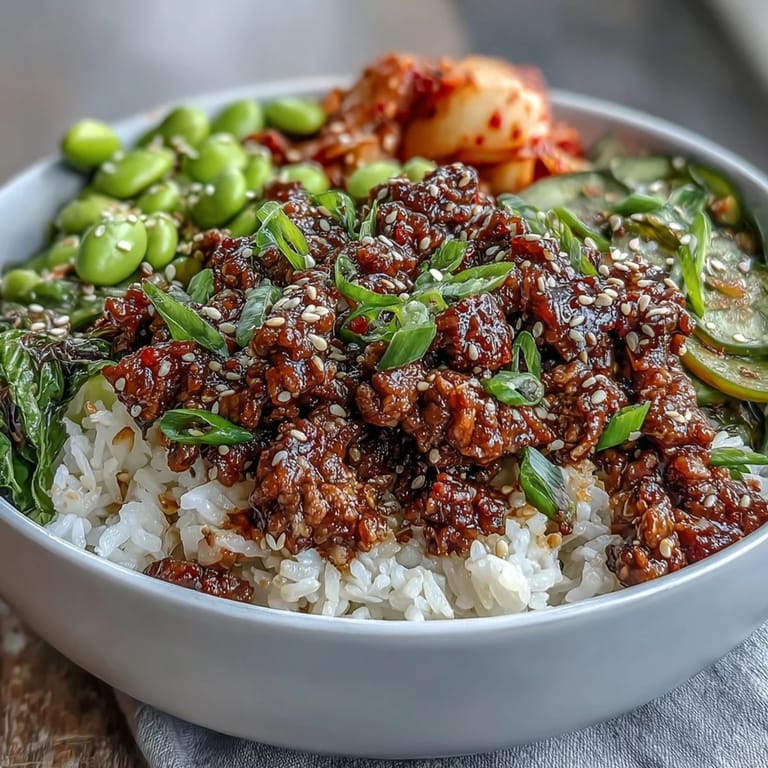 Savory Korean ground beef simmered in gochujang sauce, served in a colorful rice bowl with edamame, vegetables, and toasted sesame.