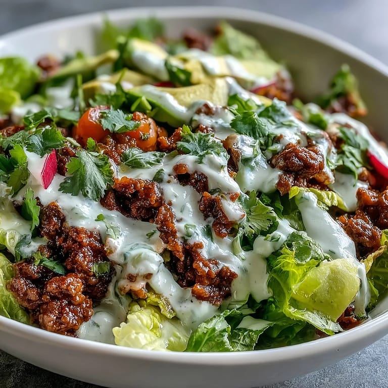 Colorful healthy taco bowl with savory beef, crunchy lettuce, juicy tomatoes, and tangy lime crema, perfect for lunch or dinner.