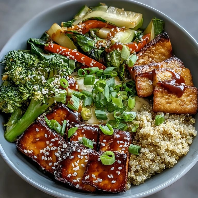 Fluffy quinoa topped with golden tofu, vibrant vegetables, and rich teriyaki sauce in a nourishing Asian-inspired dish.  