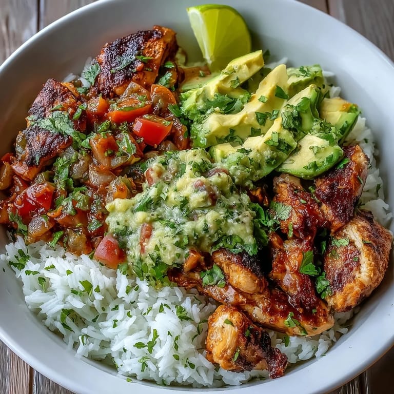 Easy sheet pan chicken tinga bowl with bold Mexican flavors, roasted veggies, and creamy avocado salsa for a satisfying dinner.
