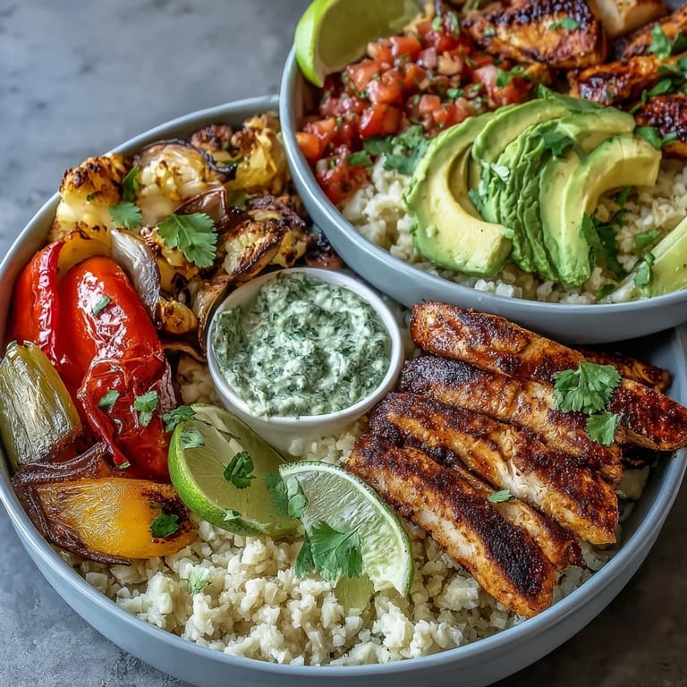 Vibrant Sheet Pan Fajita Bowl featuring tender chicken, smoky fajita veggies, and zesty seasoning, served with cauliflower rice for a healthy twist.  