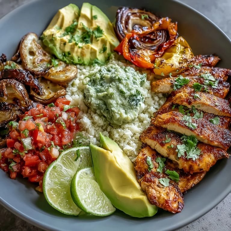 Sheet Pan Fajita Bowl packed with seasoned chicken, roasted peppers, and onions, served over rice and topped with creamy avocado and cilantro.